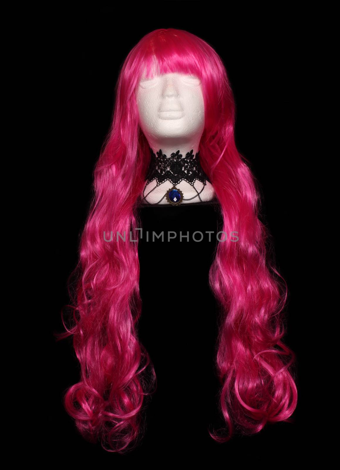 Long Pink Wig on Mannequin head with necklace