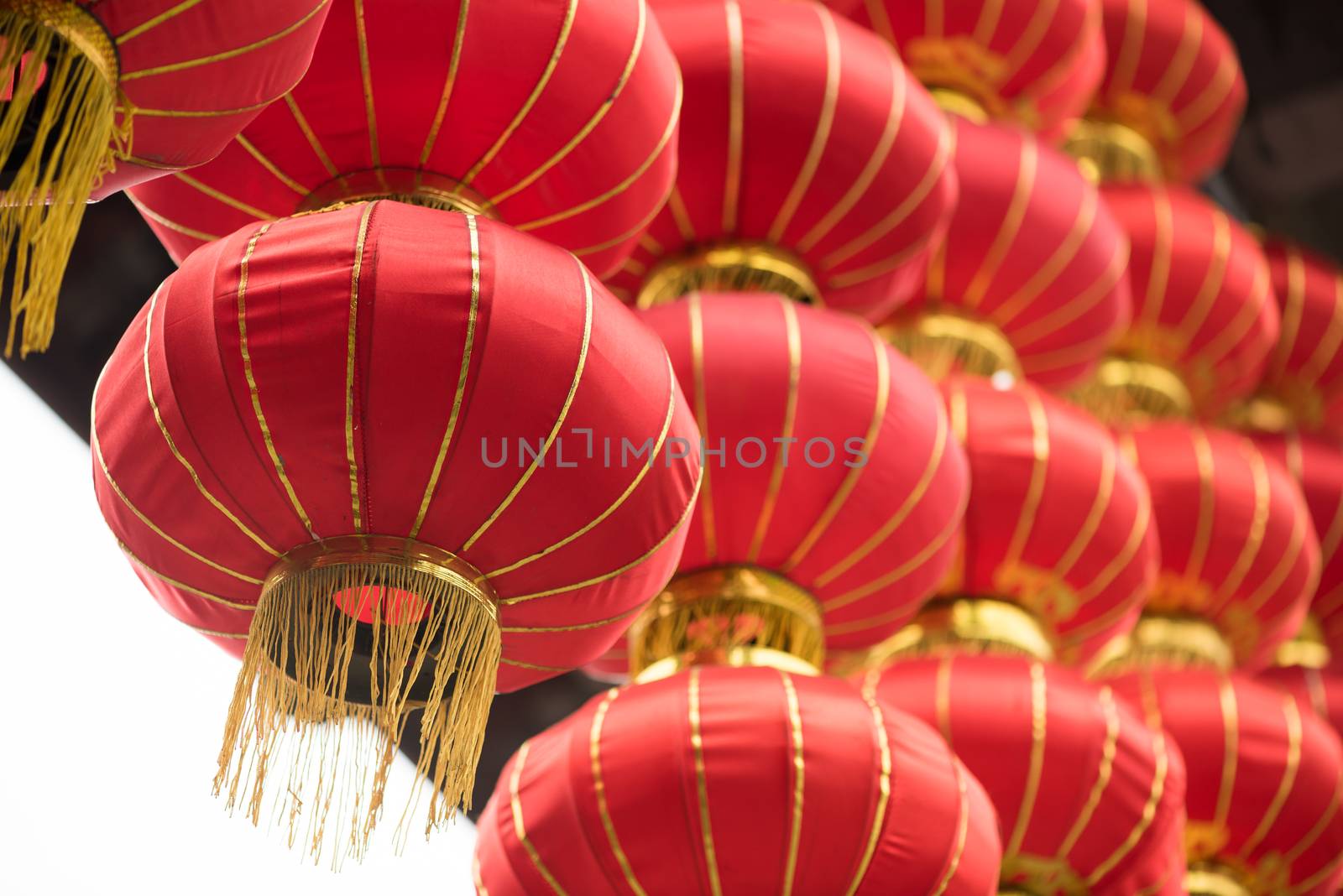 Group of red chinese lanterns with chinese traditional architecture in the background, Chengdu, China