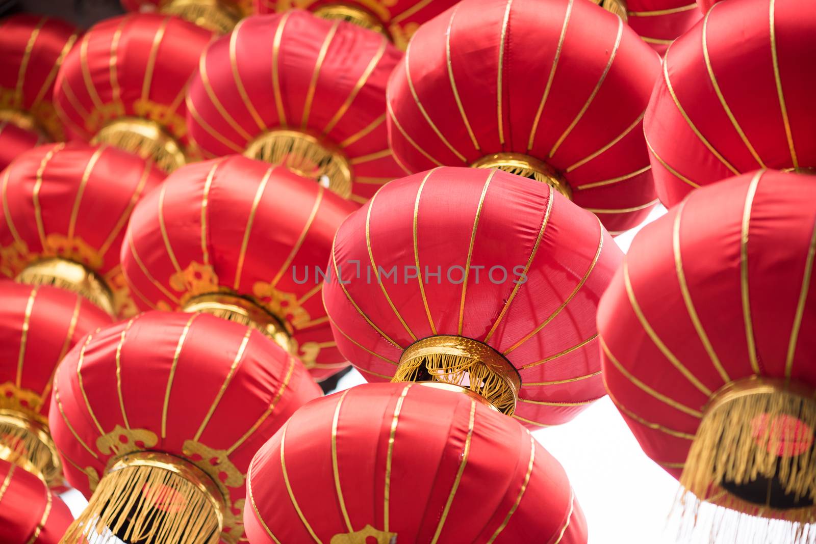 Group of red chinese lanterns with chinese traditional architecture in the background, Chengdu, China