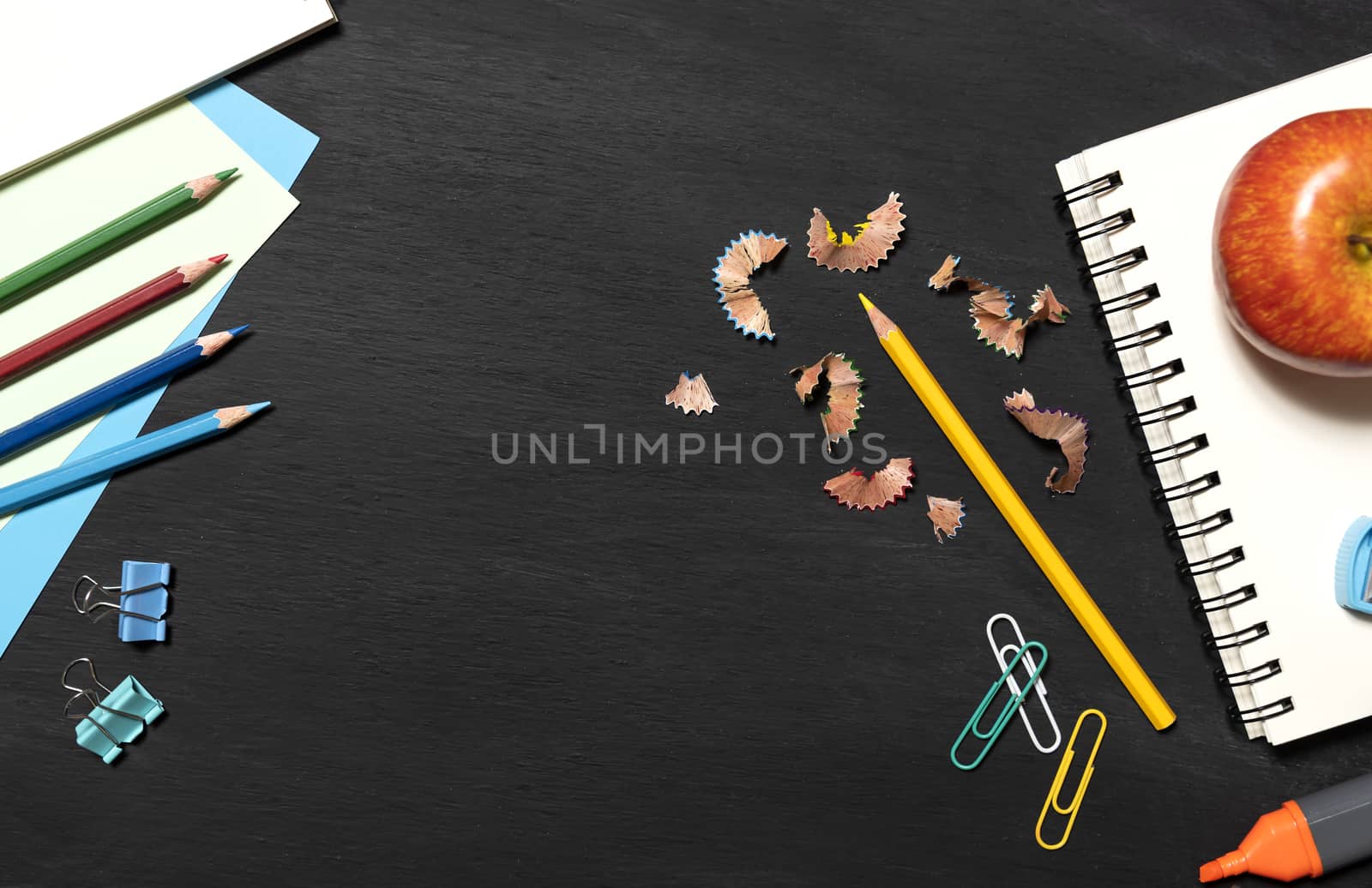 Back to school education and supplies for banner background on blackboard top view with copy space.