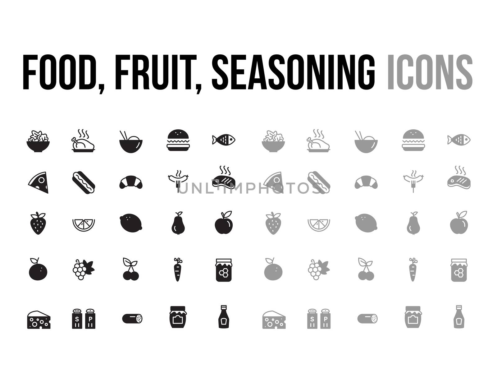 Food, fruit, seasoning vector icon collection by cougarsan
