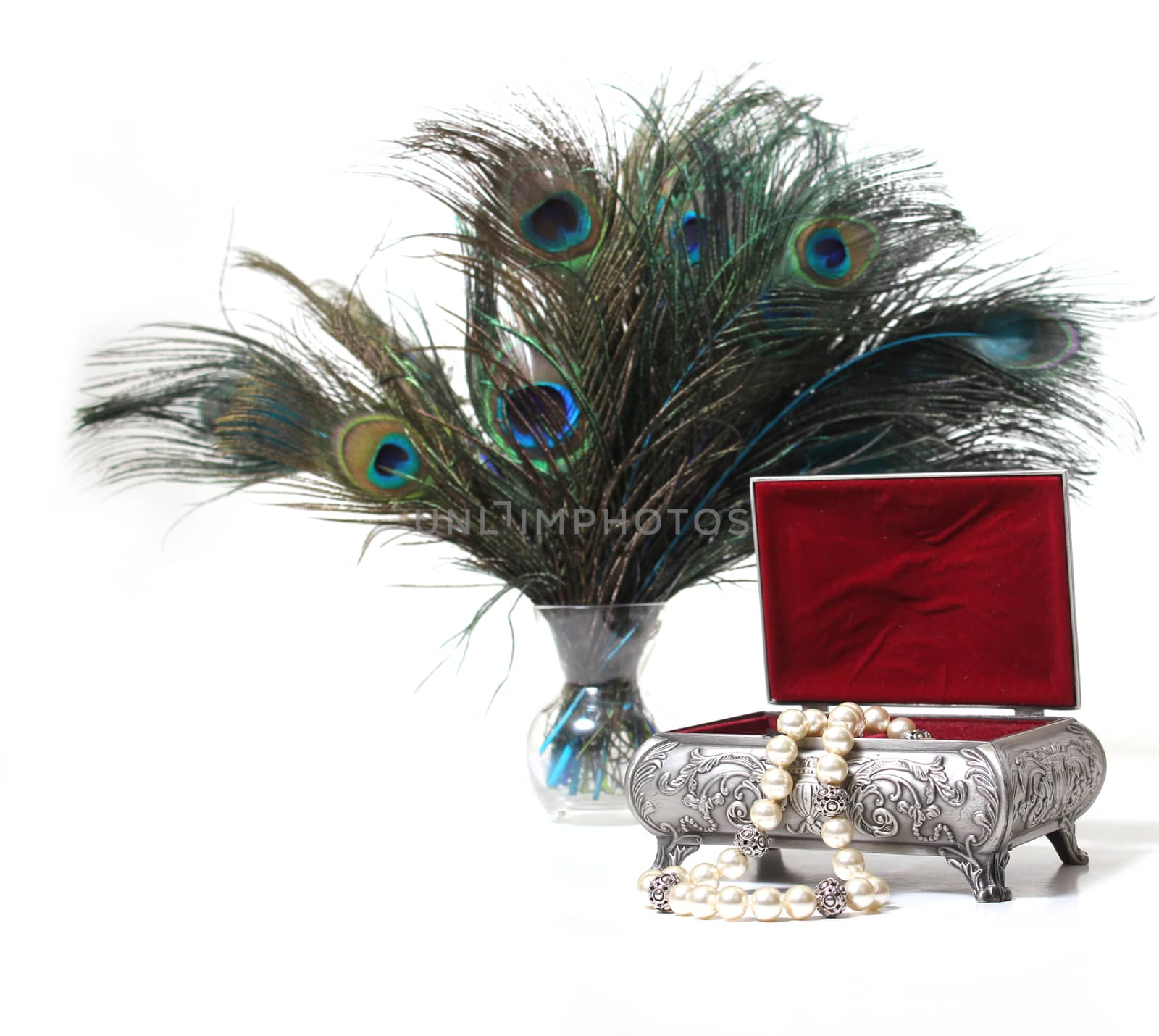 Vintage Jewelry Box With Pearls and Peacock Feathers