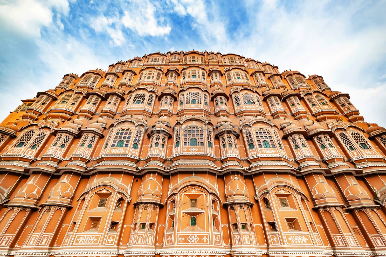 Hawa Mahal on a sunny day, Jaipur, Rajasthan, India. An UNESCO World heritage. Beautiful window architectural element.