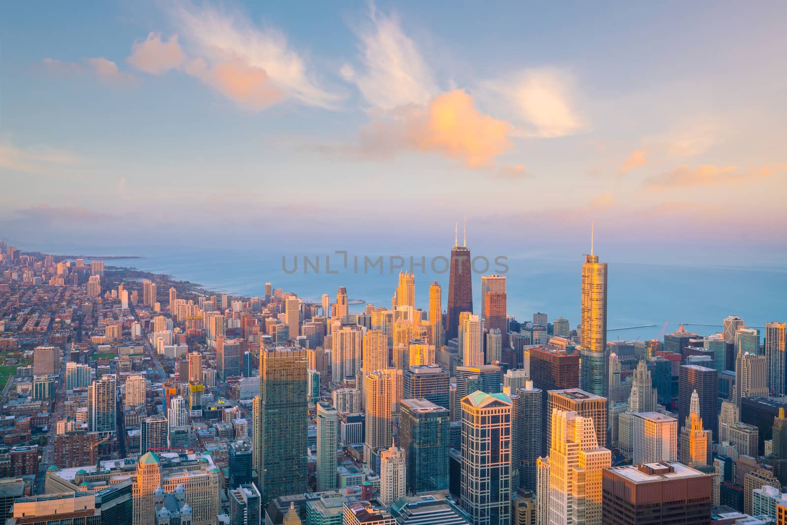 Downtown skyline of Chicago from top view in USA at sunset