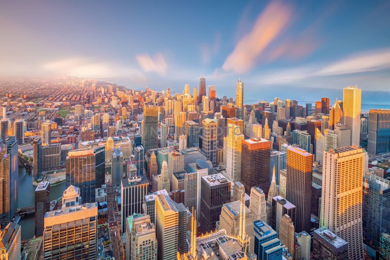 Downtown skyline of Chicago from top view in USA at sunset