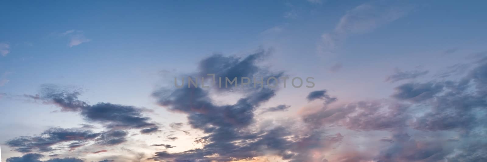 Vibrant color panoramic sky with cloud on morning. Beautiful cirrus cloud. Panorama high resolution photograph.