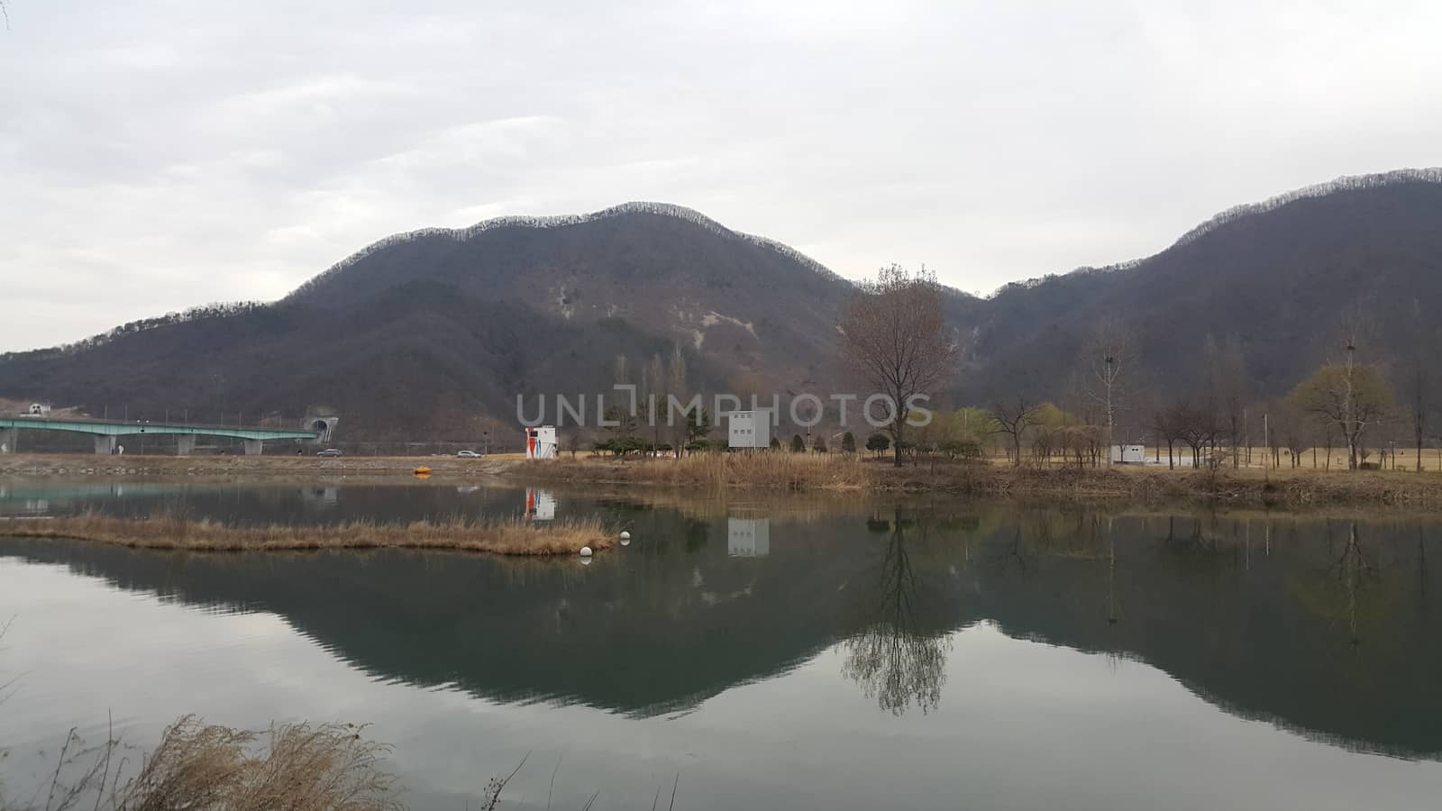 View of beautiful scene of river water and green trees on large hills on a sunny day with blue sky in background. A lovely landscape with breathtaking view over the horizon .