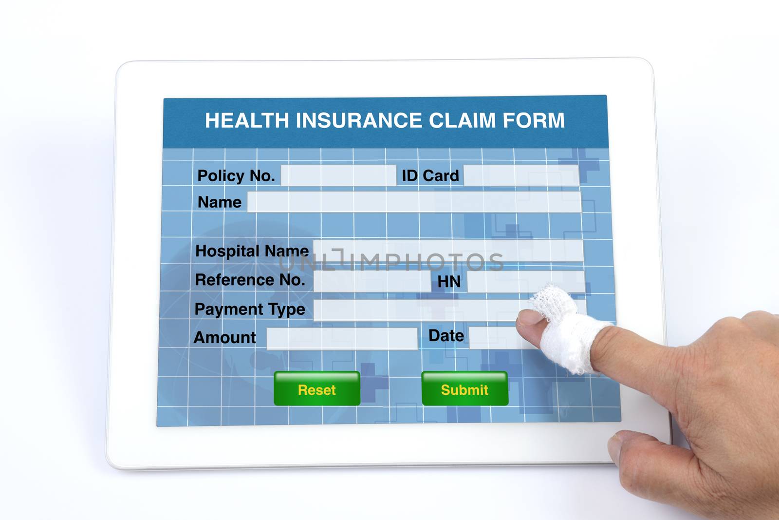 Someone using tablet to complete health insurance claim form on white background.