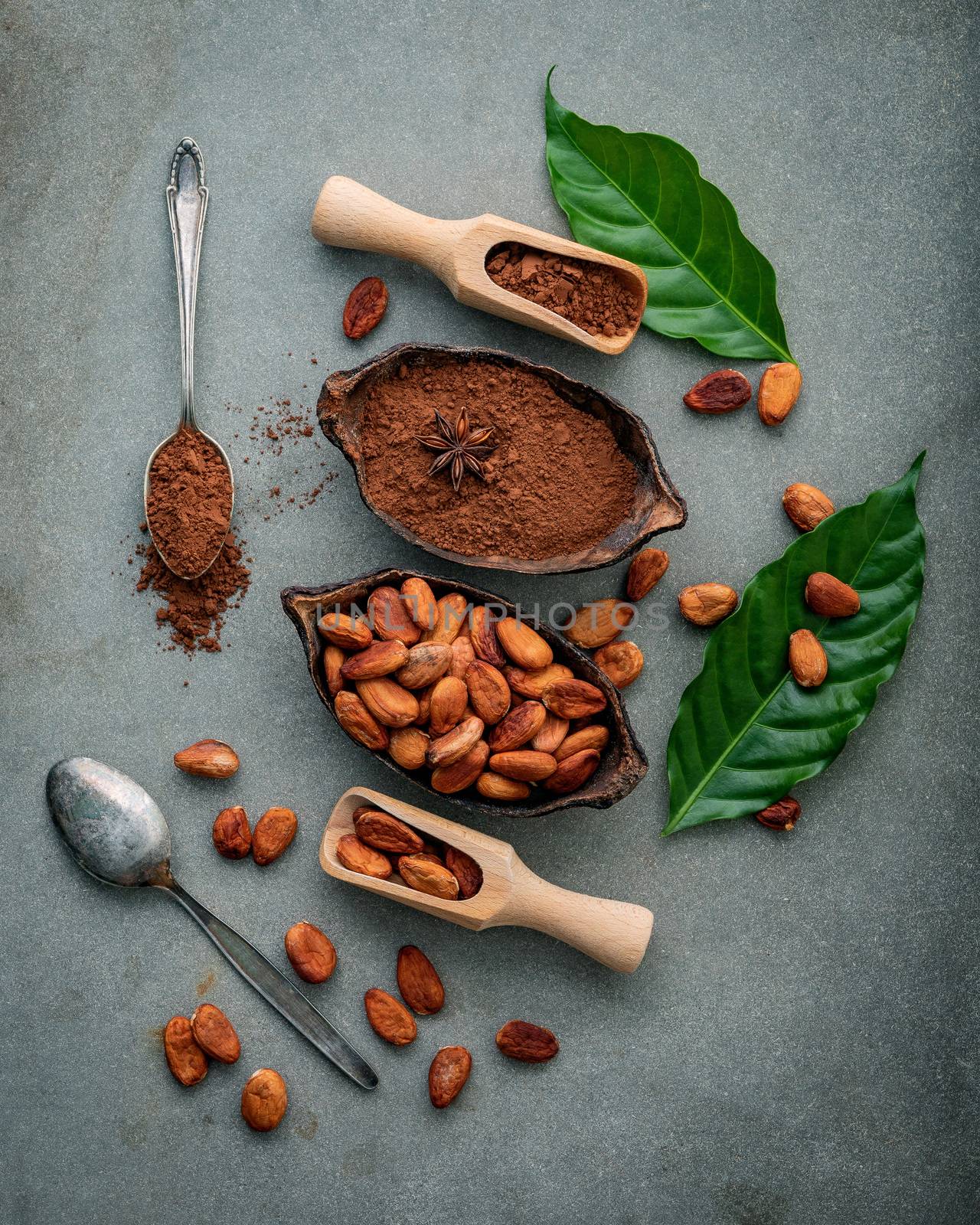 Cocoa powder and cacao beans on concrete background. by kerdkanno