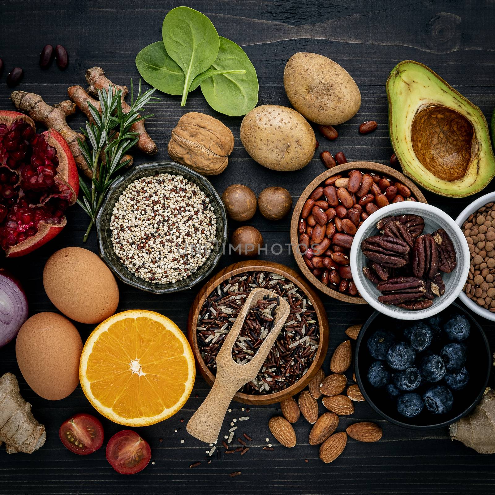 Ingredients for the healthy foods selection. The concept of healthy food set up on wooden background.