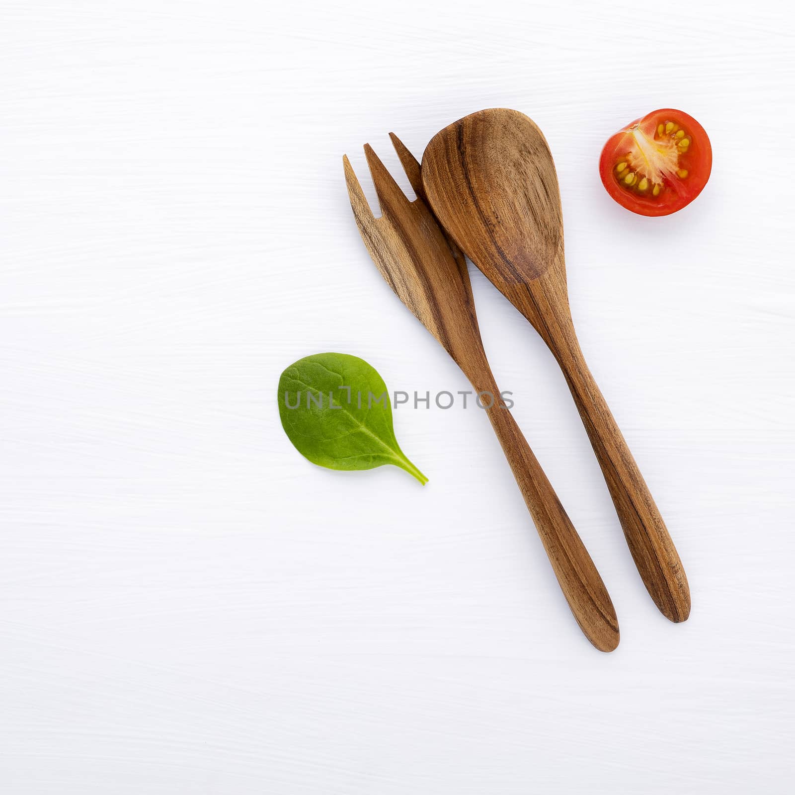 Food background and salad concept with raw ingredients  flat lay by kerdkanno