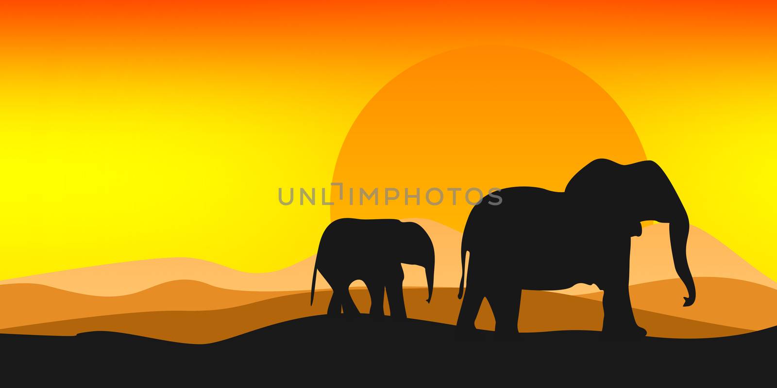 Black silhouette of elephant with bright sun by tang90246