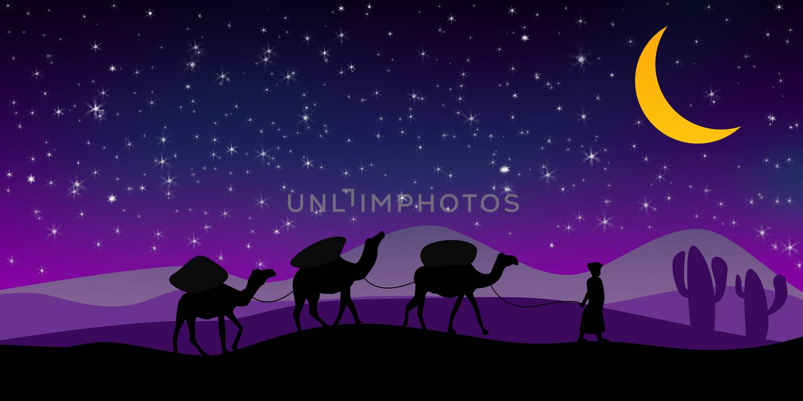 Camel silhouette on the desert, 3D rendering