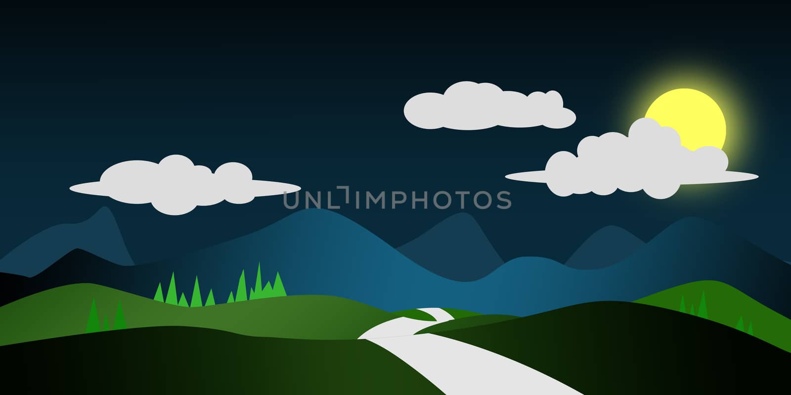 Mountains landscape with pines and hills at night by tang90246