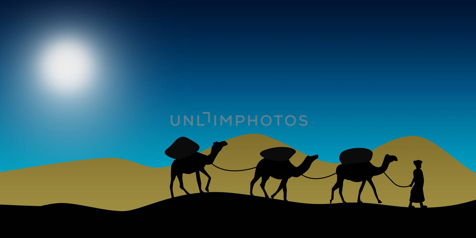 Camel caravan going through the sand dunes, 3D rendering