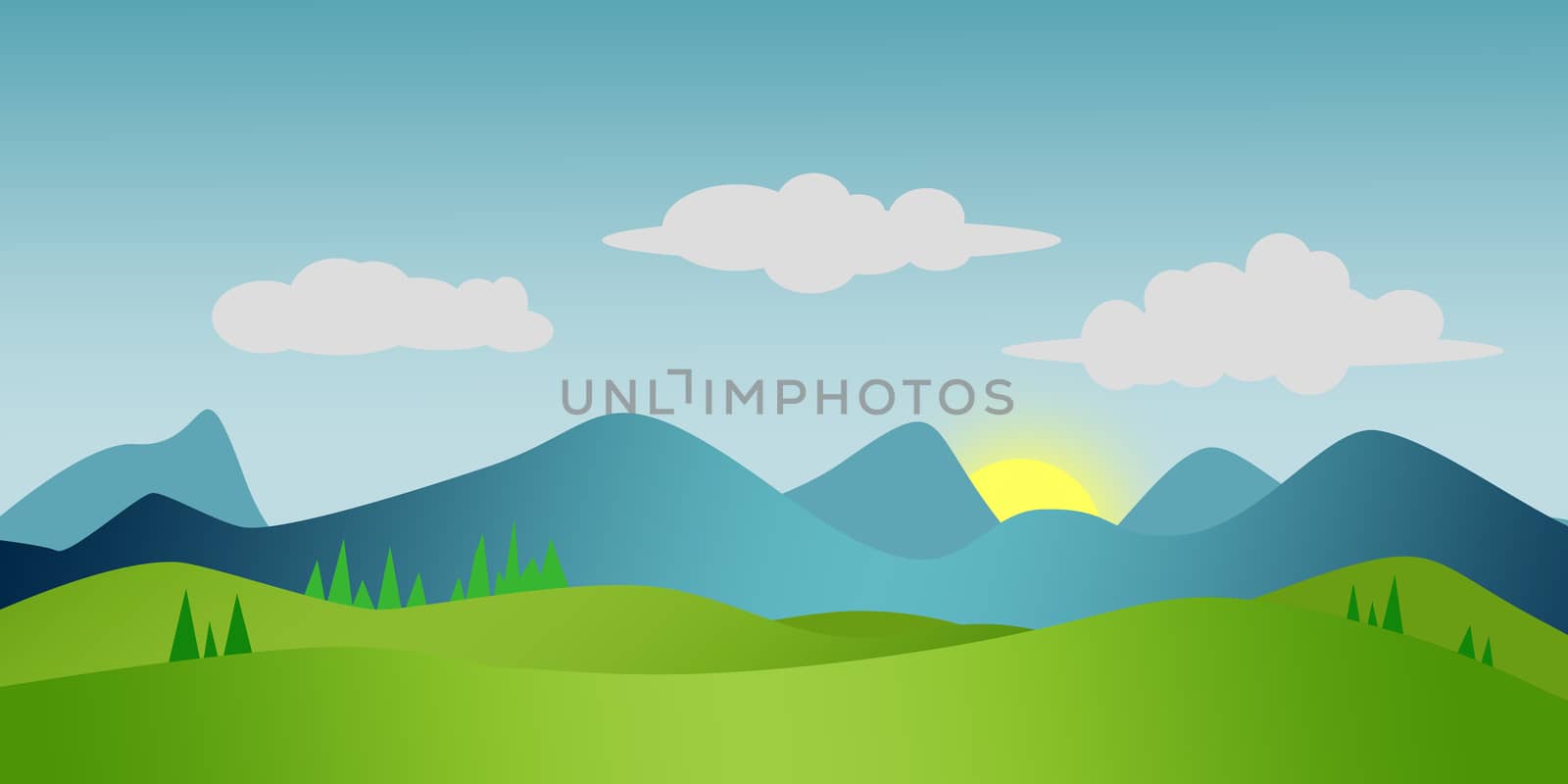Mountains landscape with pines and hills, 3D rendering