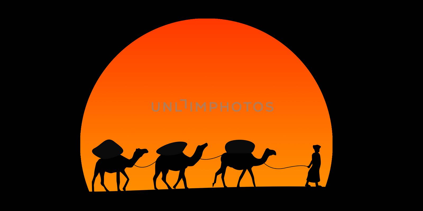 Camel caravan silhouette against sunset on the desert, 3D rendering
