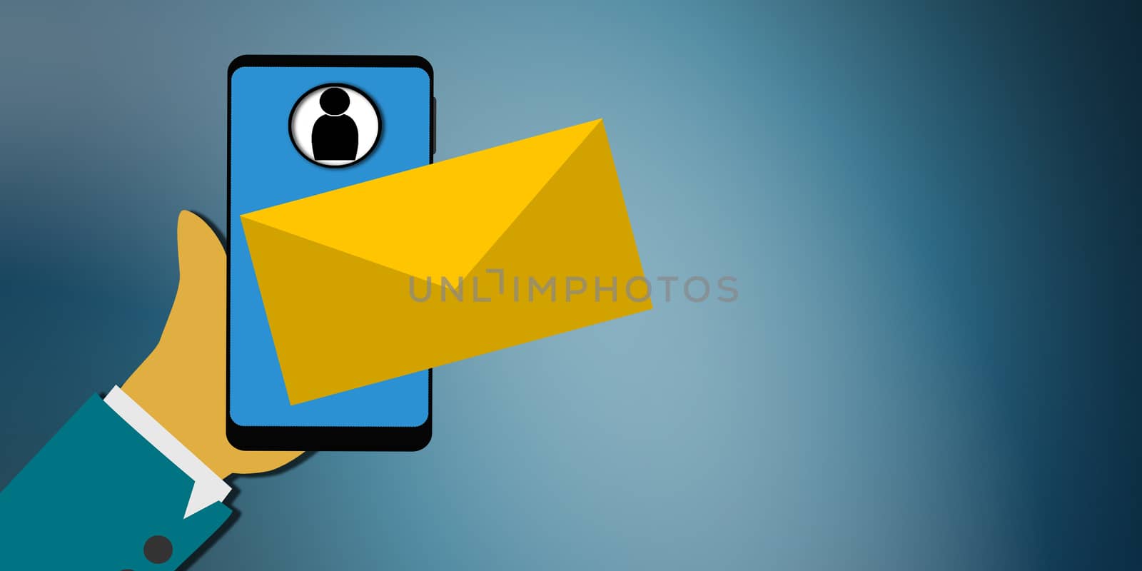 Hand holding phone with envelop, 3D rendering