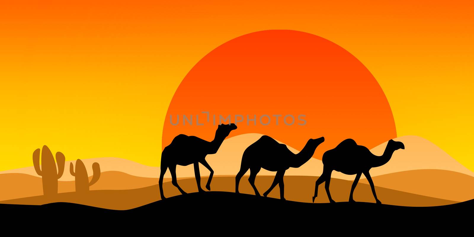 Landscape with camel silhouette with sunset, 3D rendering