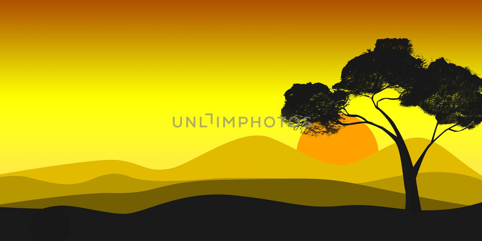 Evening sun with isolated silhouette tree, 3D rendering