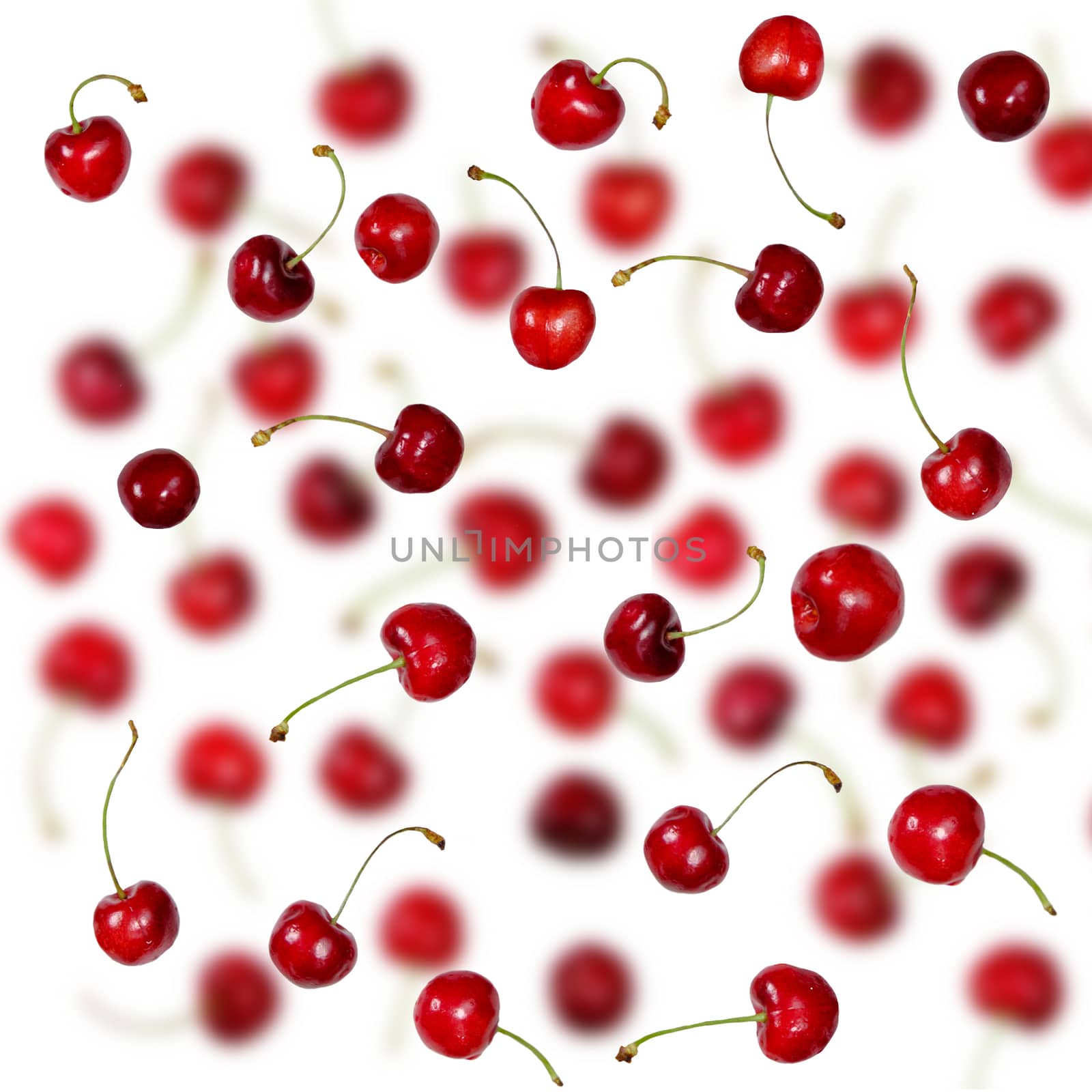 Falling Fresh cherries with stems background.  by Margolana