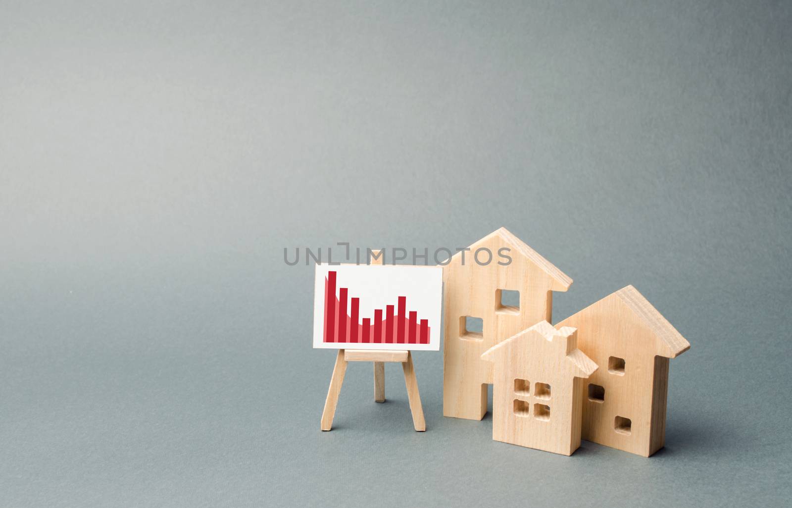 Wooden houses with a stand of graphics and information. concept of real estate value decrease. low liquidity and attractiveness. cheap rent or cost of buying. Trend for the fall of the market