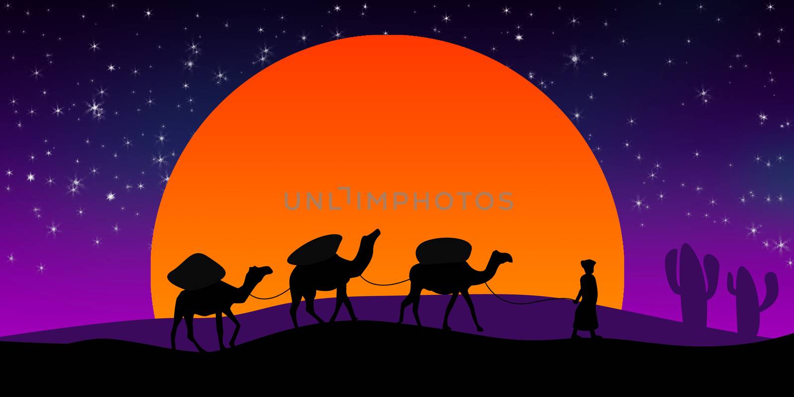 Camel silhouette on the desert, 3D rendering