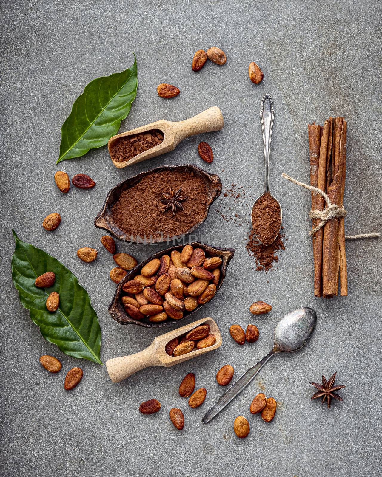 Cocoa powder and cacao beans on concrete background.