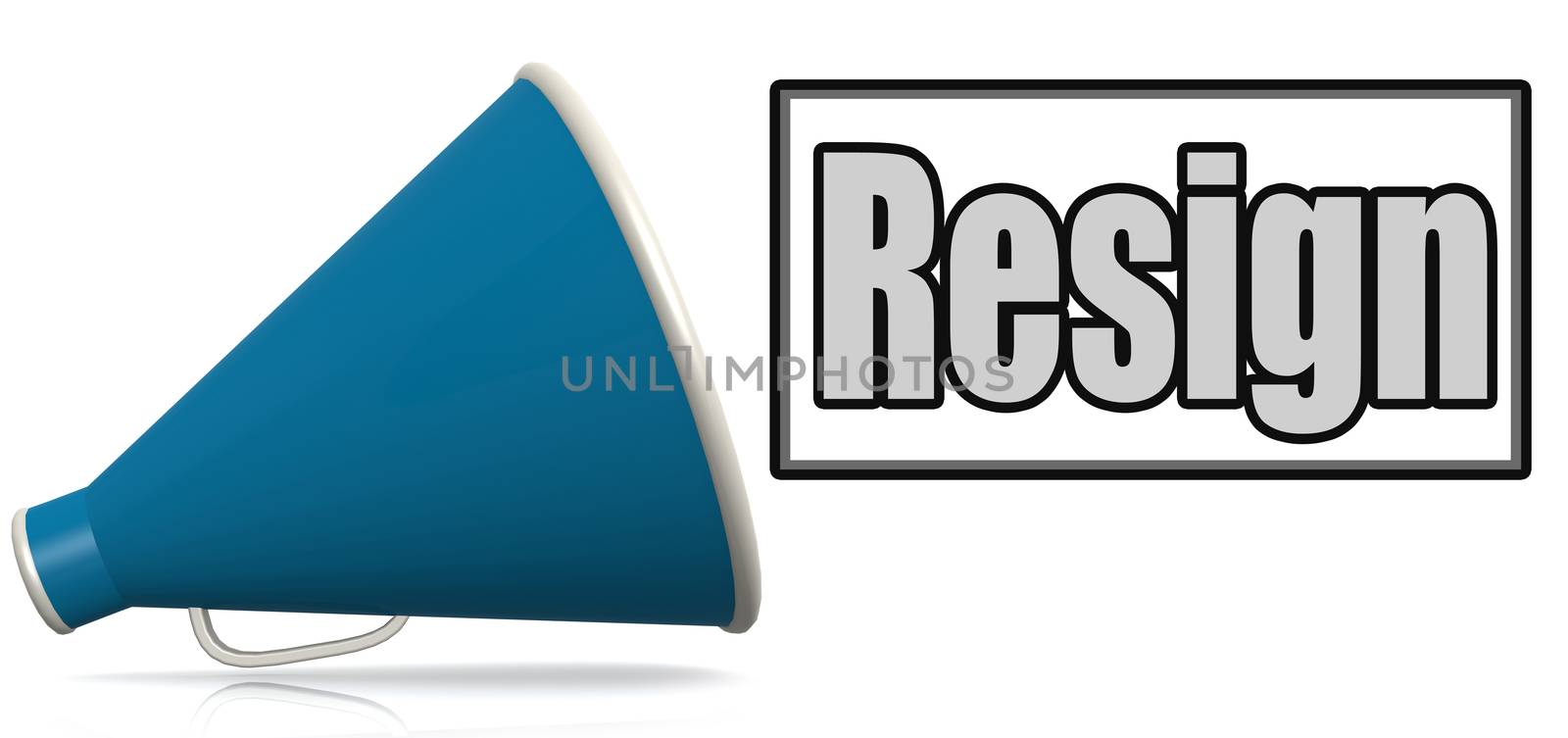 Resign word on blue megaphone, 3D rendering