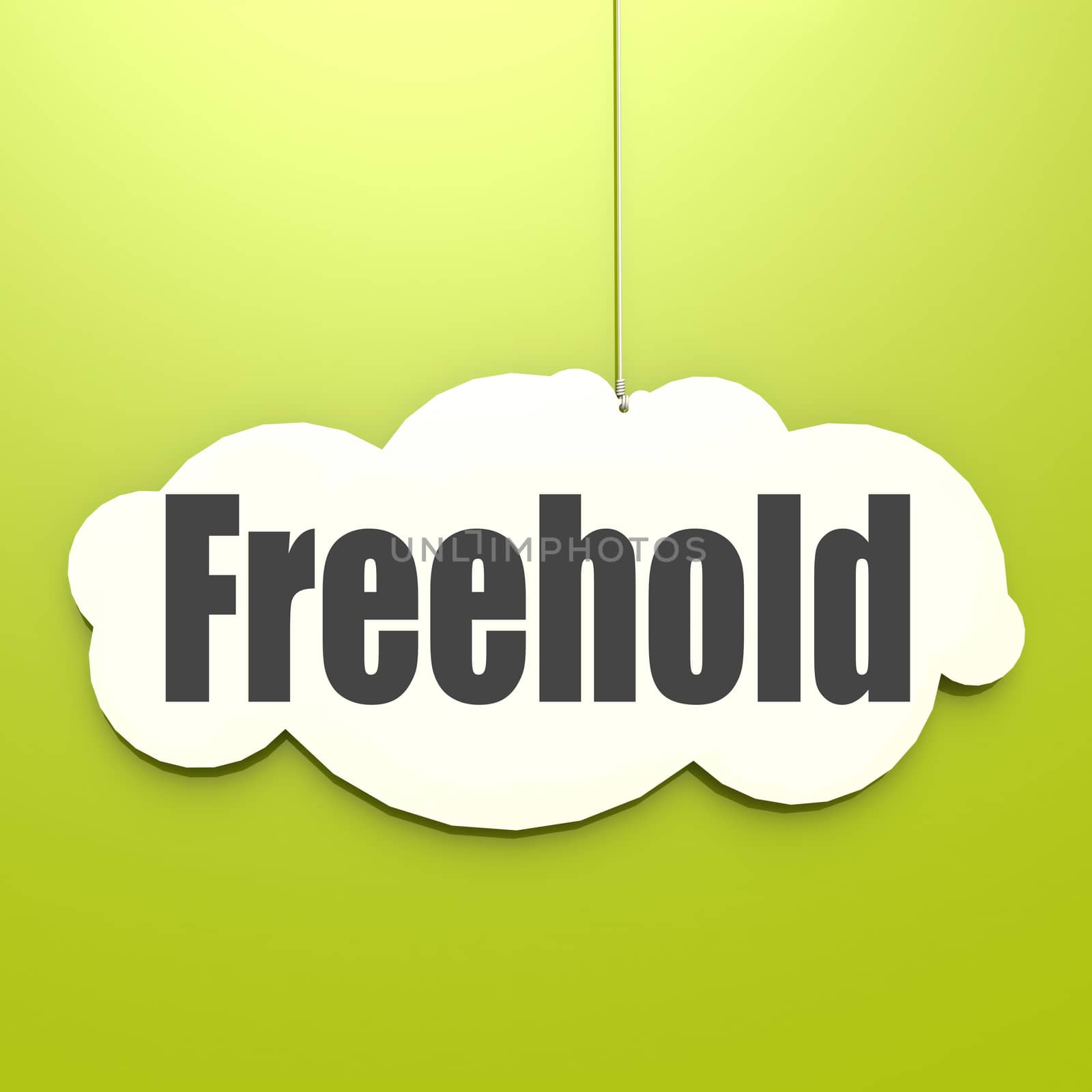 Freehold word on white cloud with green background, 3D rendering