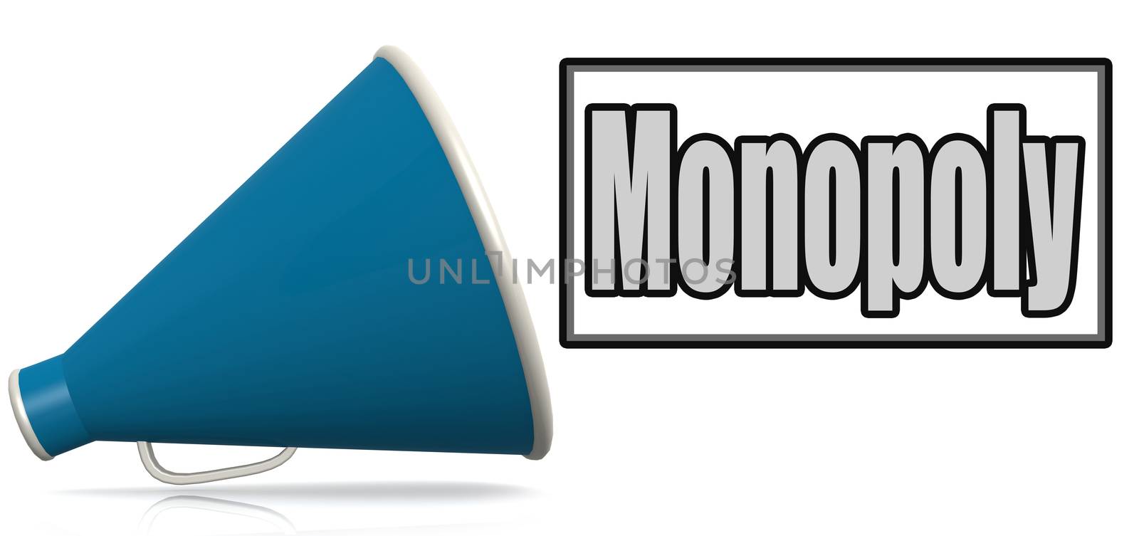 Monopoly word on blue megaphone, 3D rendering