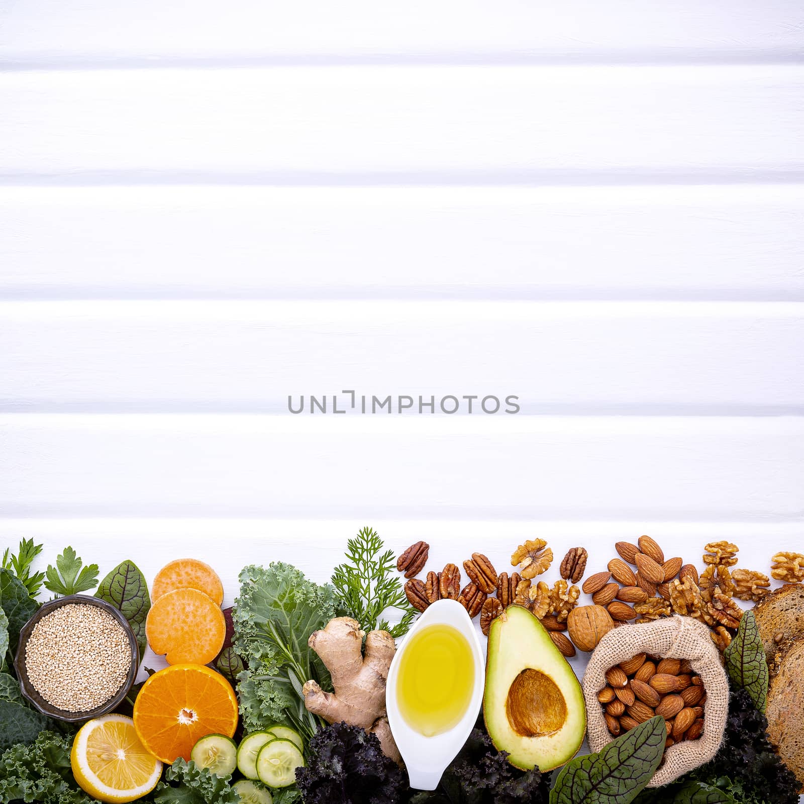 Ingredients for the healthy foods selection on white background. by kerdkanno