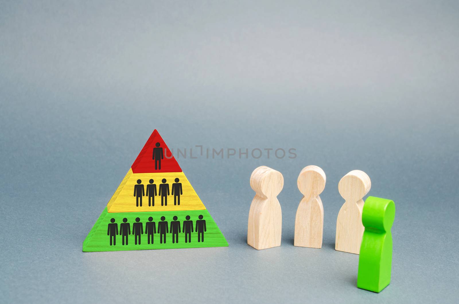 Hierarchical pyramid and wooden figures of people. The concept of the organizational structure of the company or the financial pyramid. Social elevator, promotion for work. Attracting new members