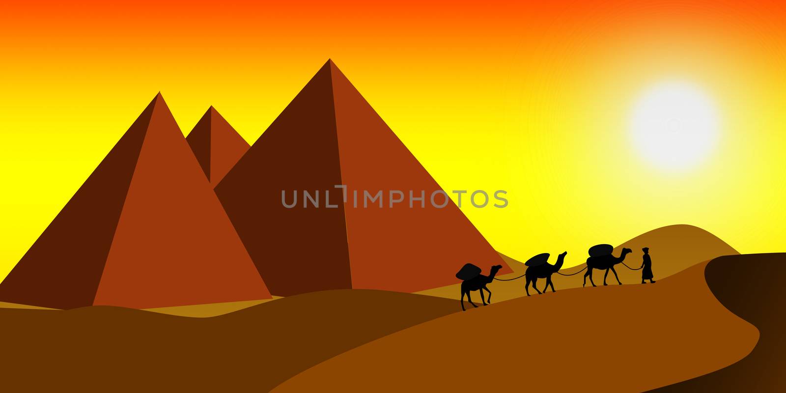 Pyramids with camels walking in the desert, 3D rendering