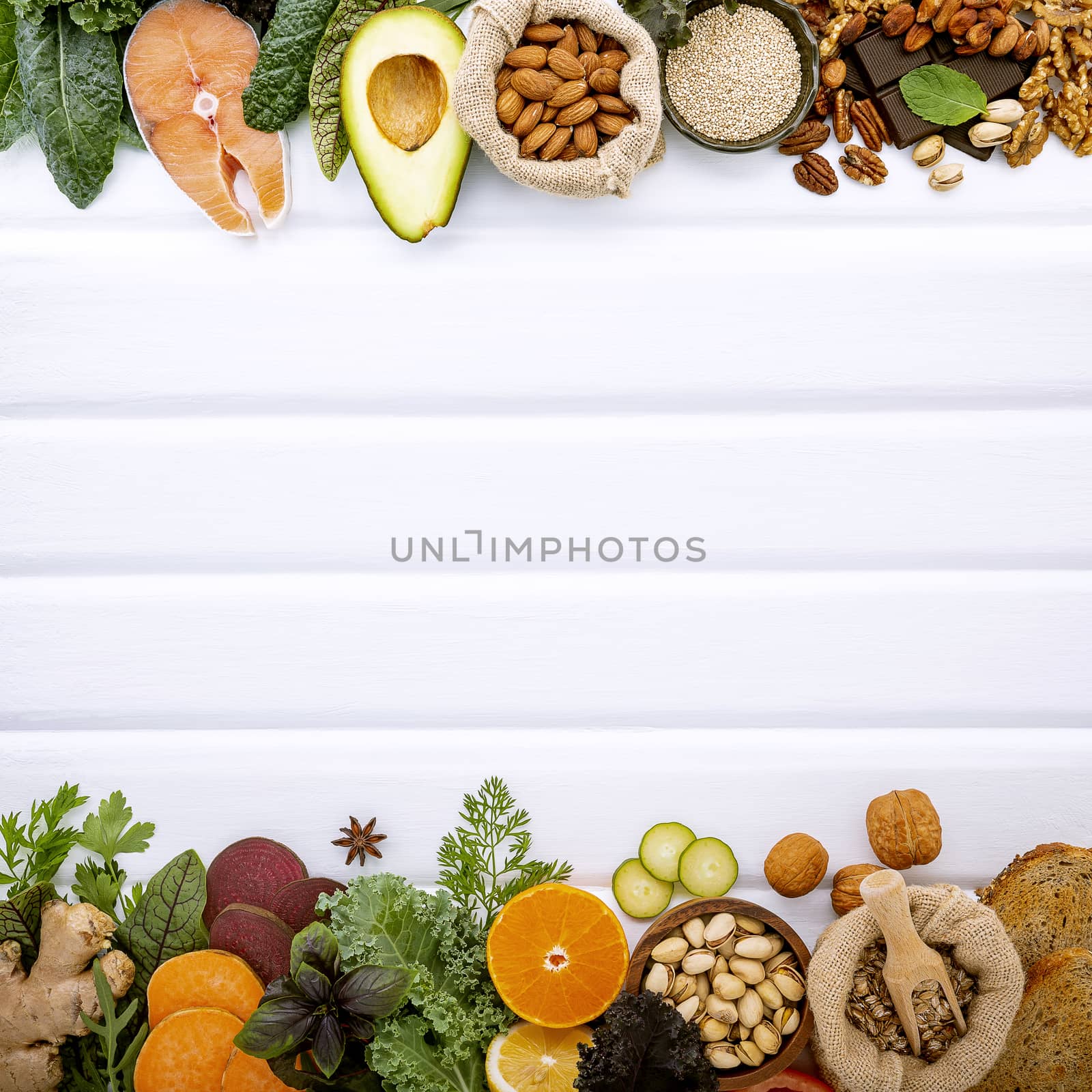 Ingredients for the healthy foods selection on white background. by kerdkanno