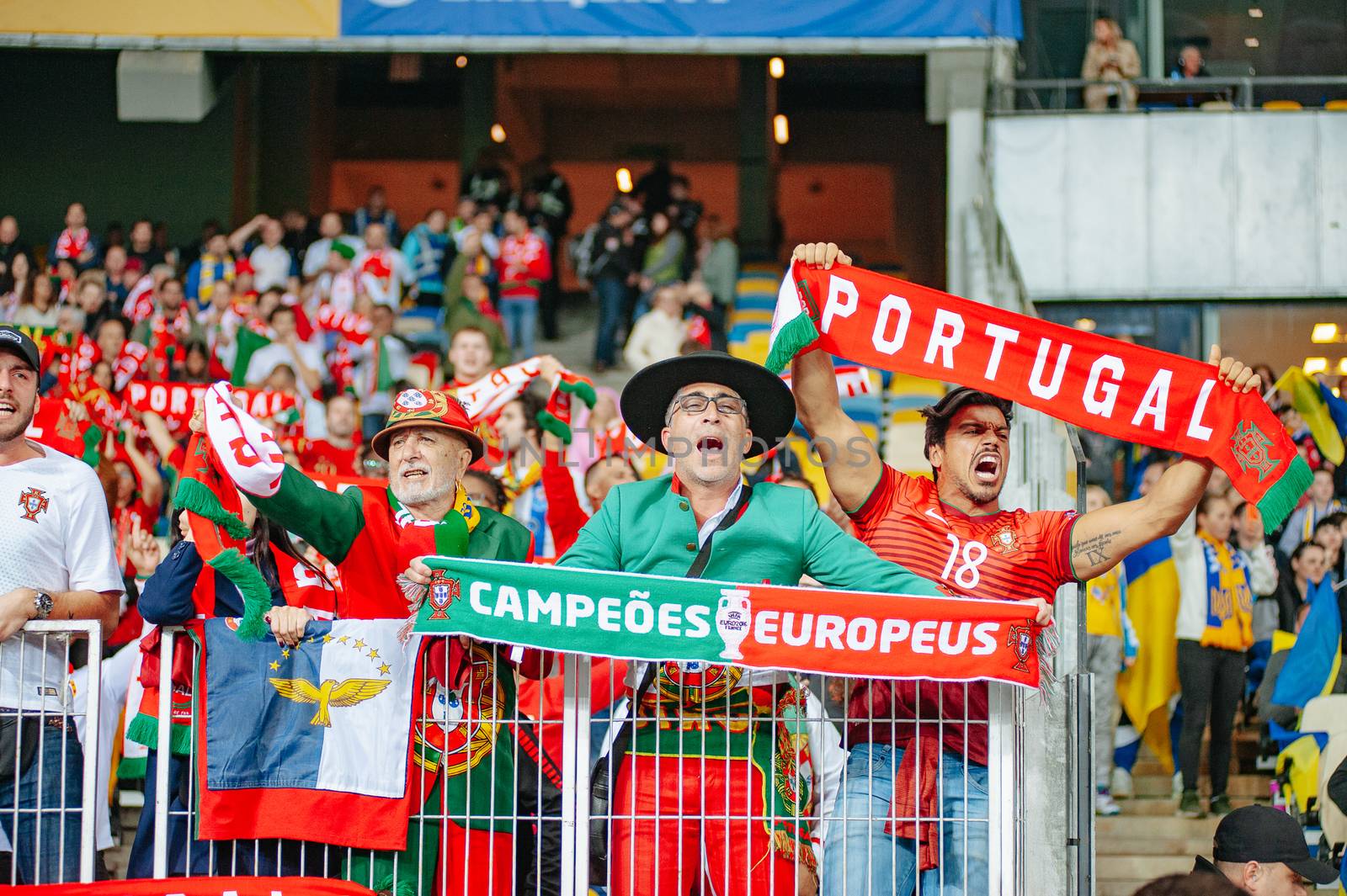 Kyiv, Ukraine - October 14, 2019: Portuguese fan support the team in the stands during the UEFA EURO 2020 qualifying match