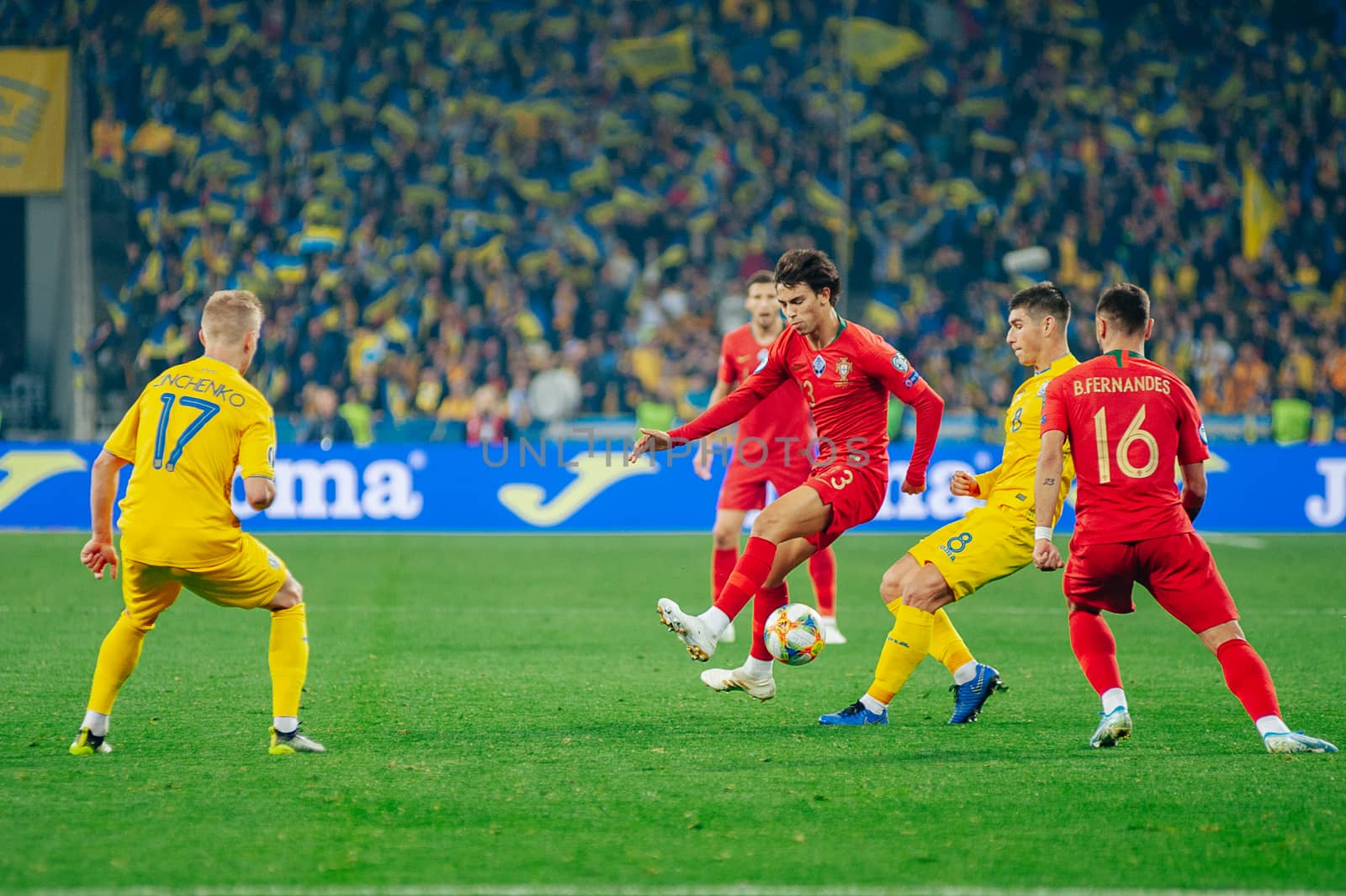 Kyiv, Ukraine - October 14, 2019: Emotional portrait of Joao Felix, forward of Portugal national team during the match vs Ukraine at the Olympic Stadium