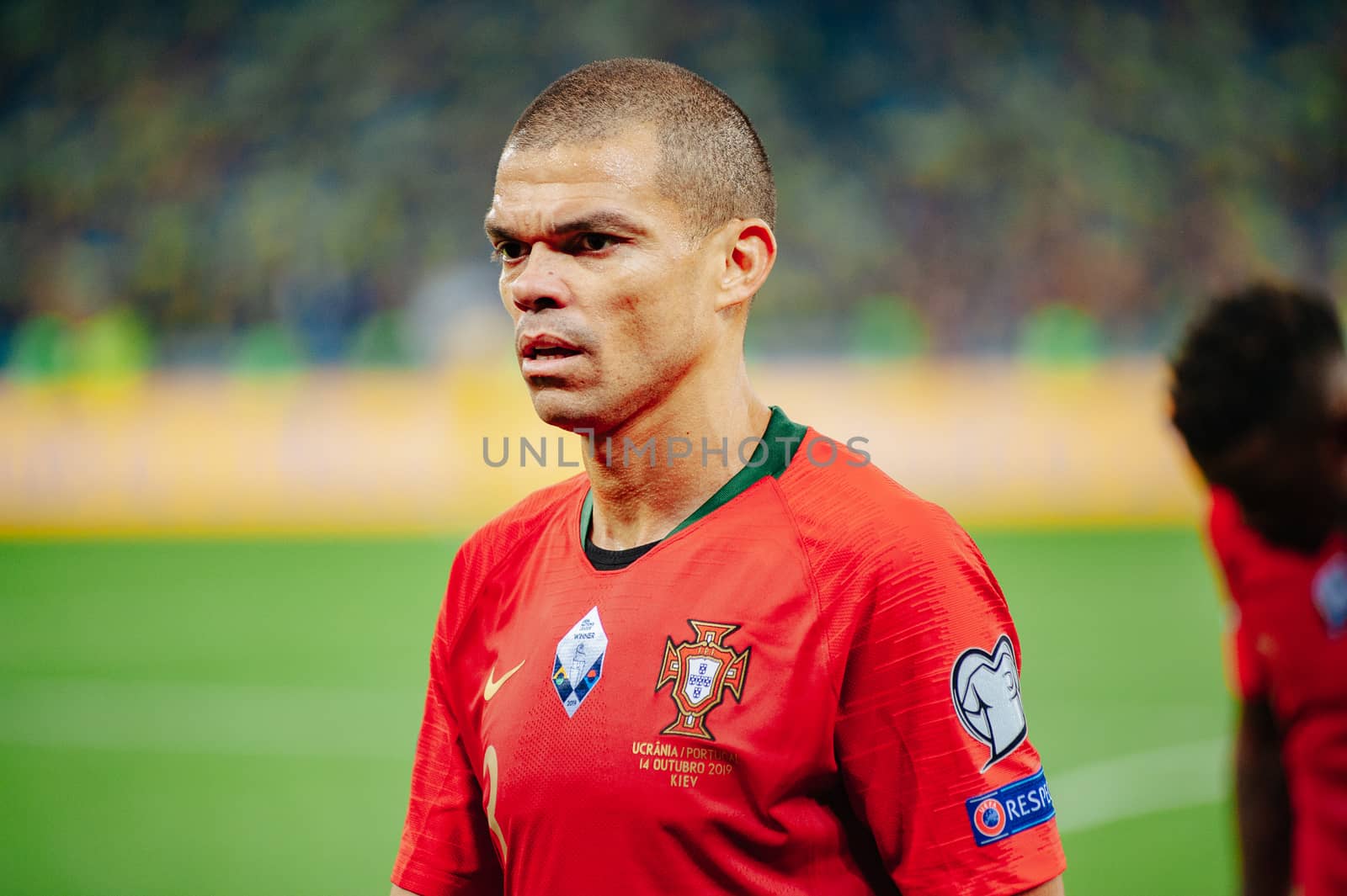 Kyiv, Ukraine - October 14, 2019: Side portrait of Pepe, defender of Portugal national team after the match vs Ukraine at the Olympic Stadium