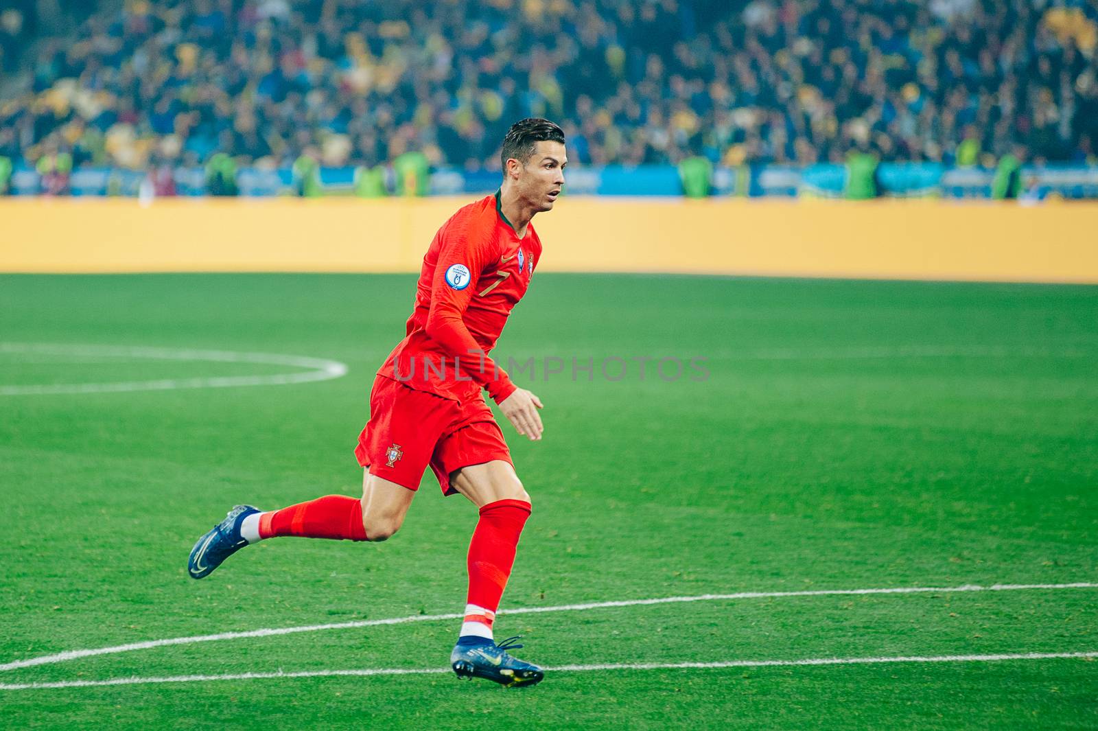 Kyiv, Ukraine - October 14, 2019: Cristiano Ronaldo, captain and forward of Portugal national team during the match of the qualifying EURO 2020 vs Ukraine at the Olympic Stadium