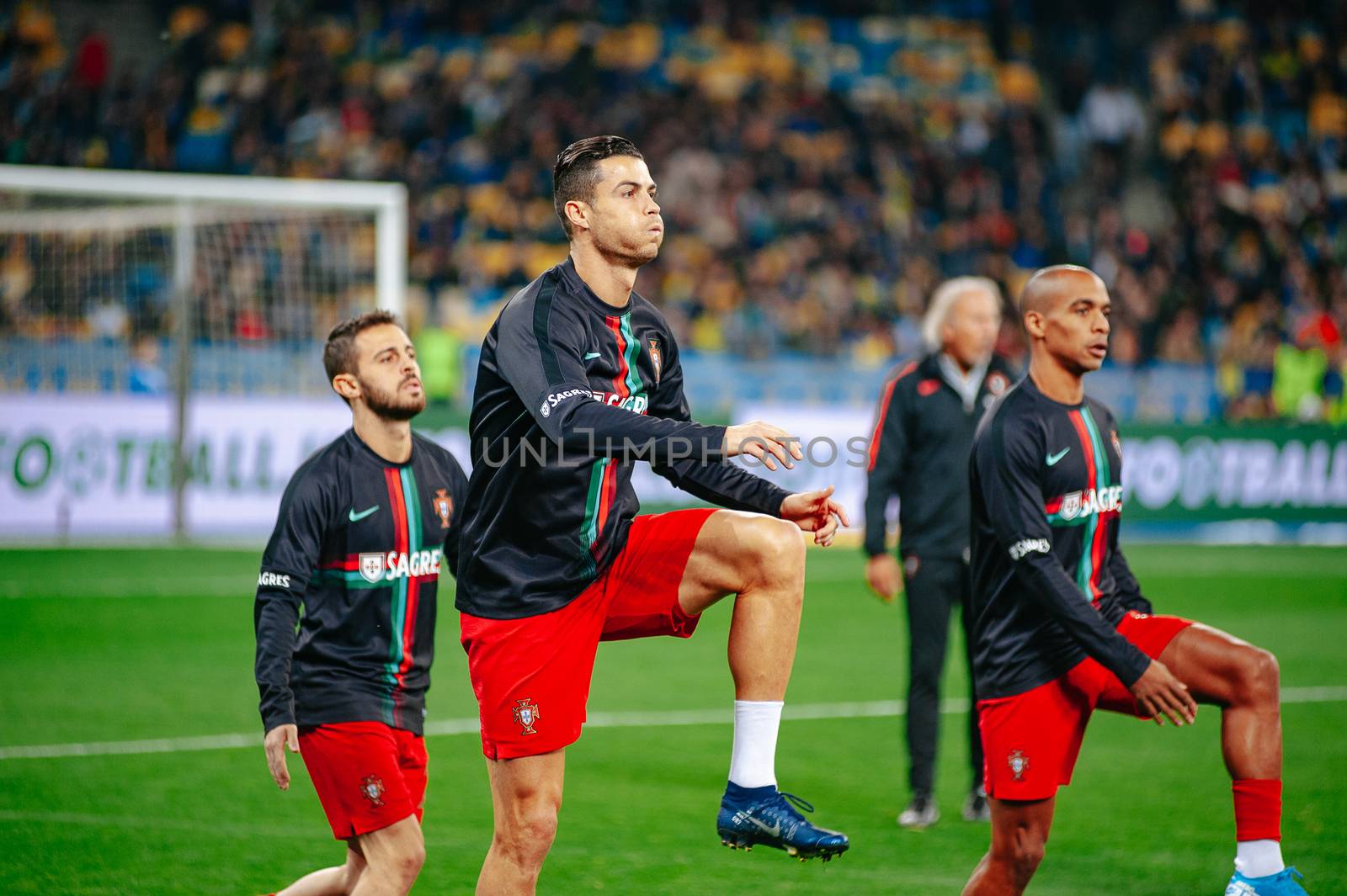 Kyiv, Ukraine - October 14, 2019: Cristiano Ronaldo, captain and forward of Portugal national team during the prematch training at the Olympic Stadium