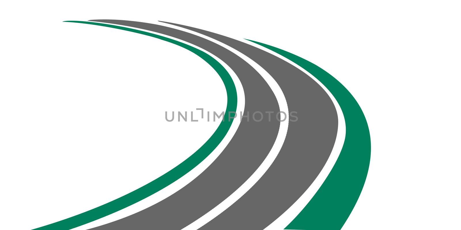 Winding paved road icon with green grassy roadside, 3D rendering