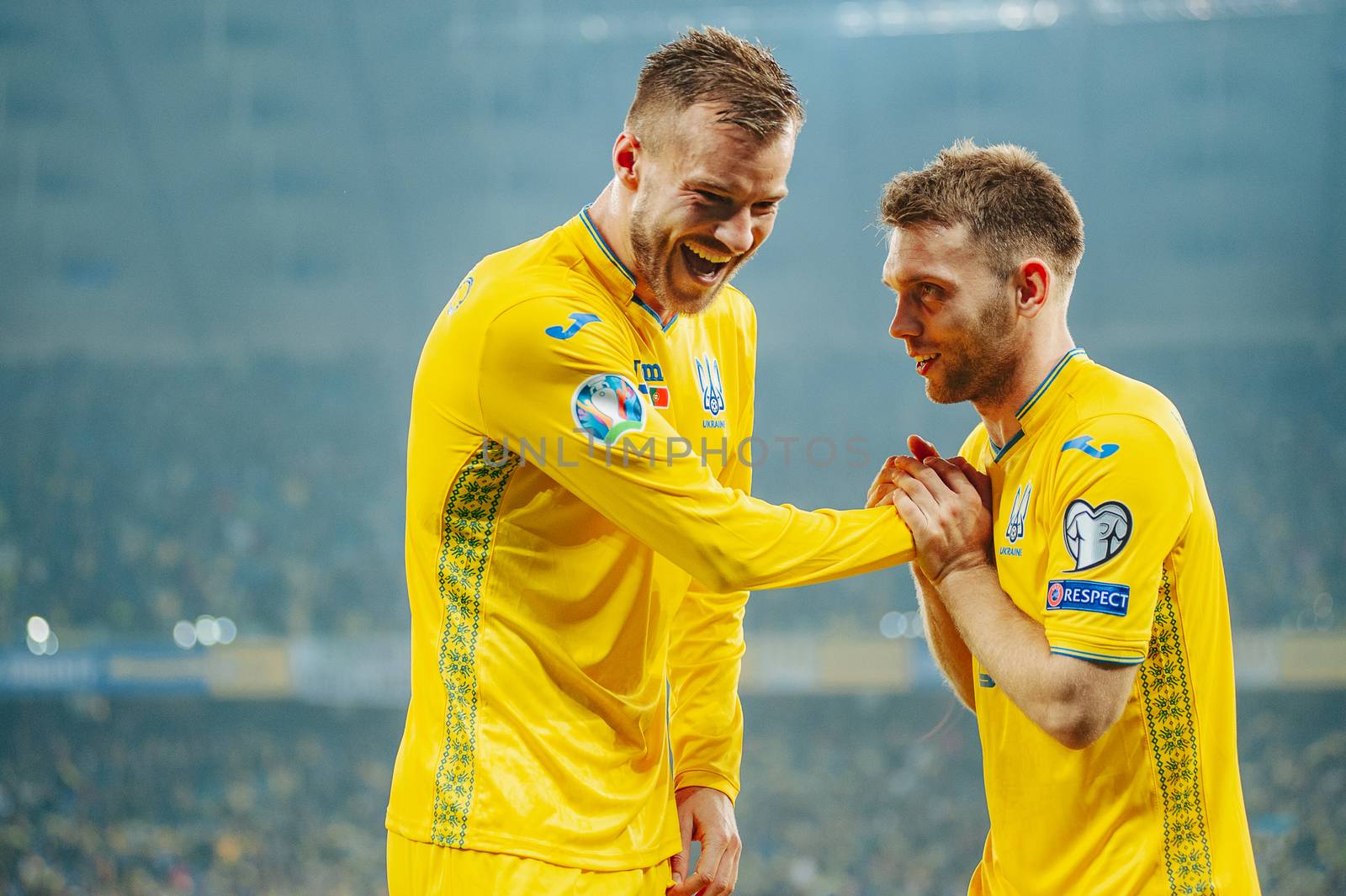 Kyiv, Ukraine - October 14, 2019: Andrey Yarmolenko and Alexander Karavaev won of the match of qualify round Euro 2020 Ukraine vs Portugal at the Olympic Stadium
