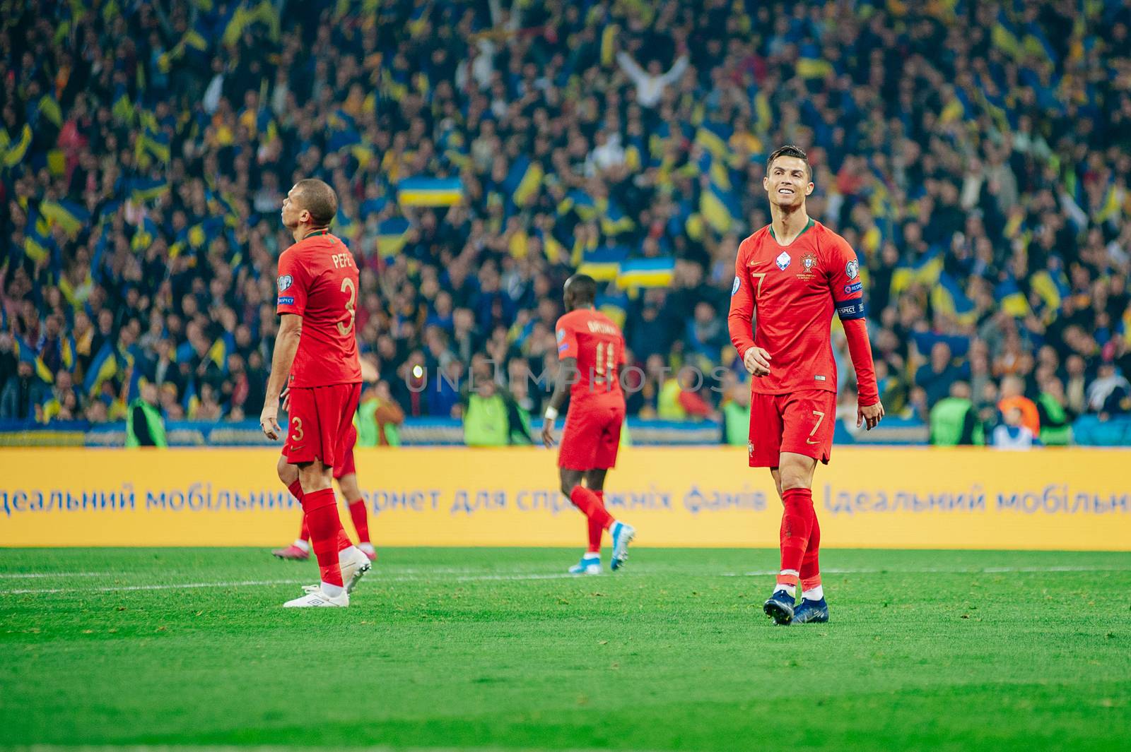Kyiv, Ukraine - October 14, 2019: Cristiano Ronaldo, captain and forward of Portugal national team during the match of the qualifying EURO 2020 vs Ukraine at the Olympic Stadium