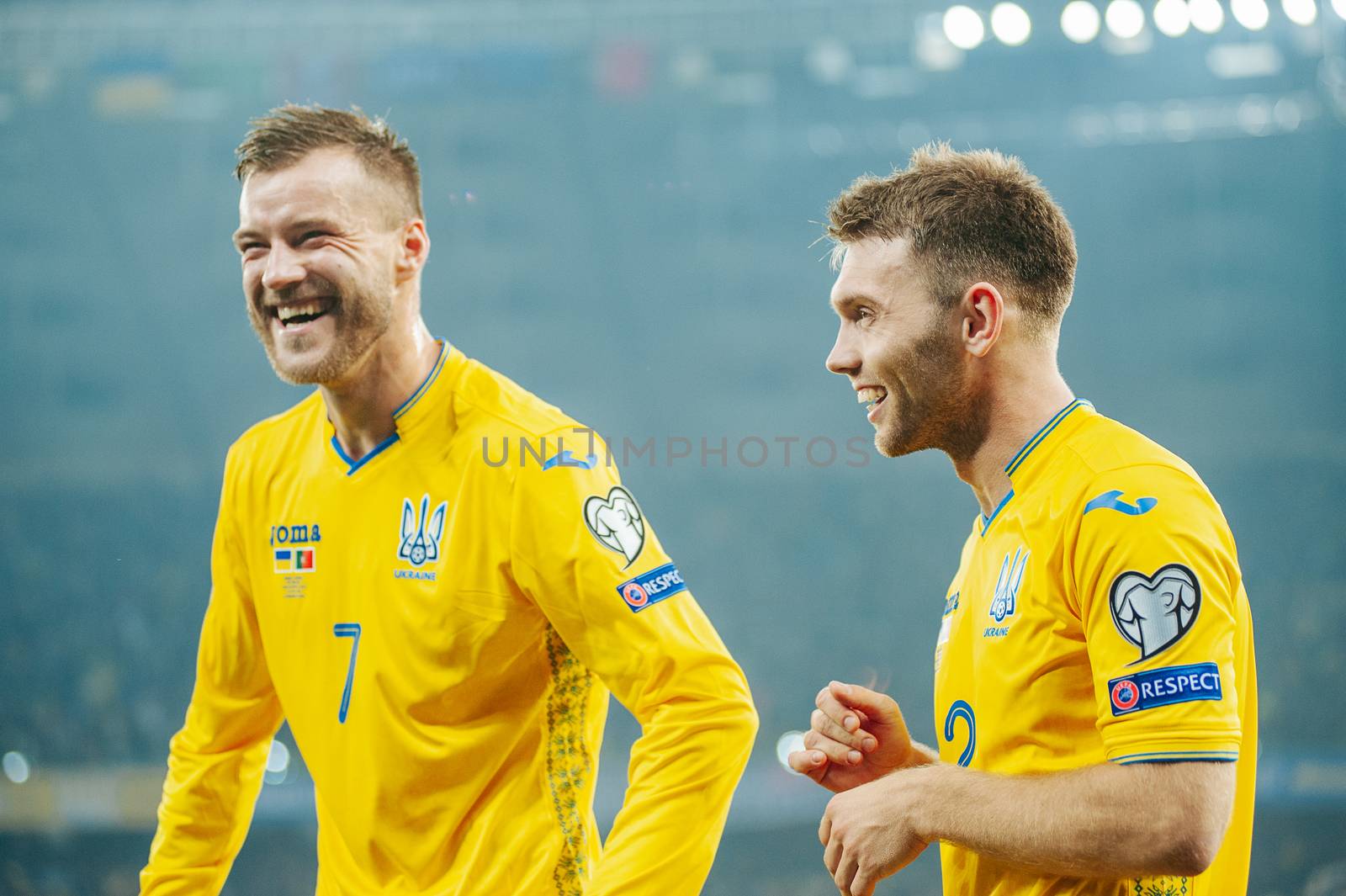 Kyiv, Ukraine - October 14, 2019: Andrey Yarmolenko and Alexander Karavaev won of the match of qualify round Euro 2020 Ukraine vs Portugal at the Olympic Stadium