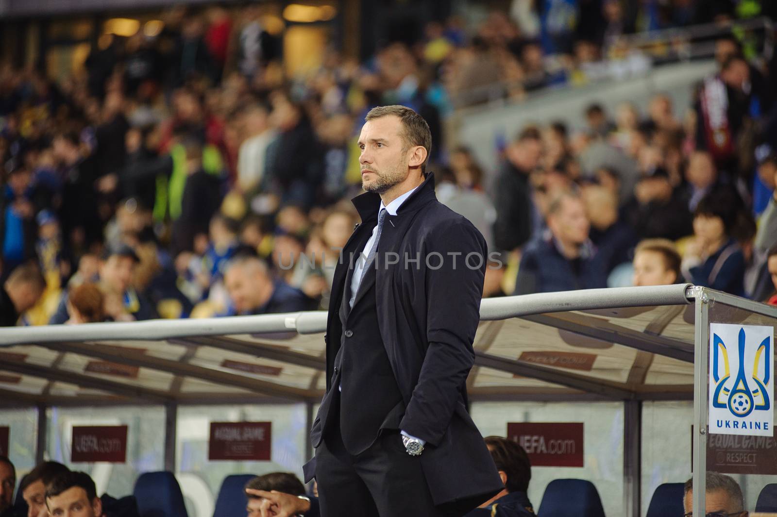 Kyiv, Ukraine - October 14, 2019: Andriy Shevchenko, head coach (manager) of Ukraine national football team before match of the qualifying EURO 2020 vs Portugal at the Olympic Stadium