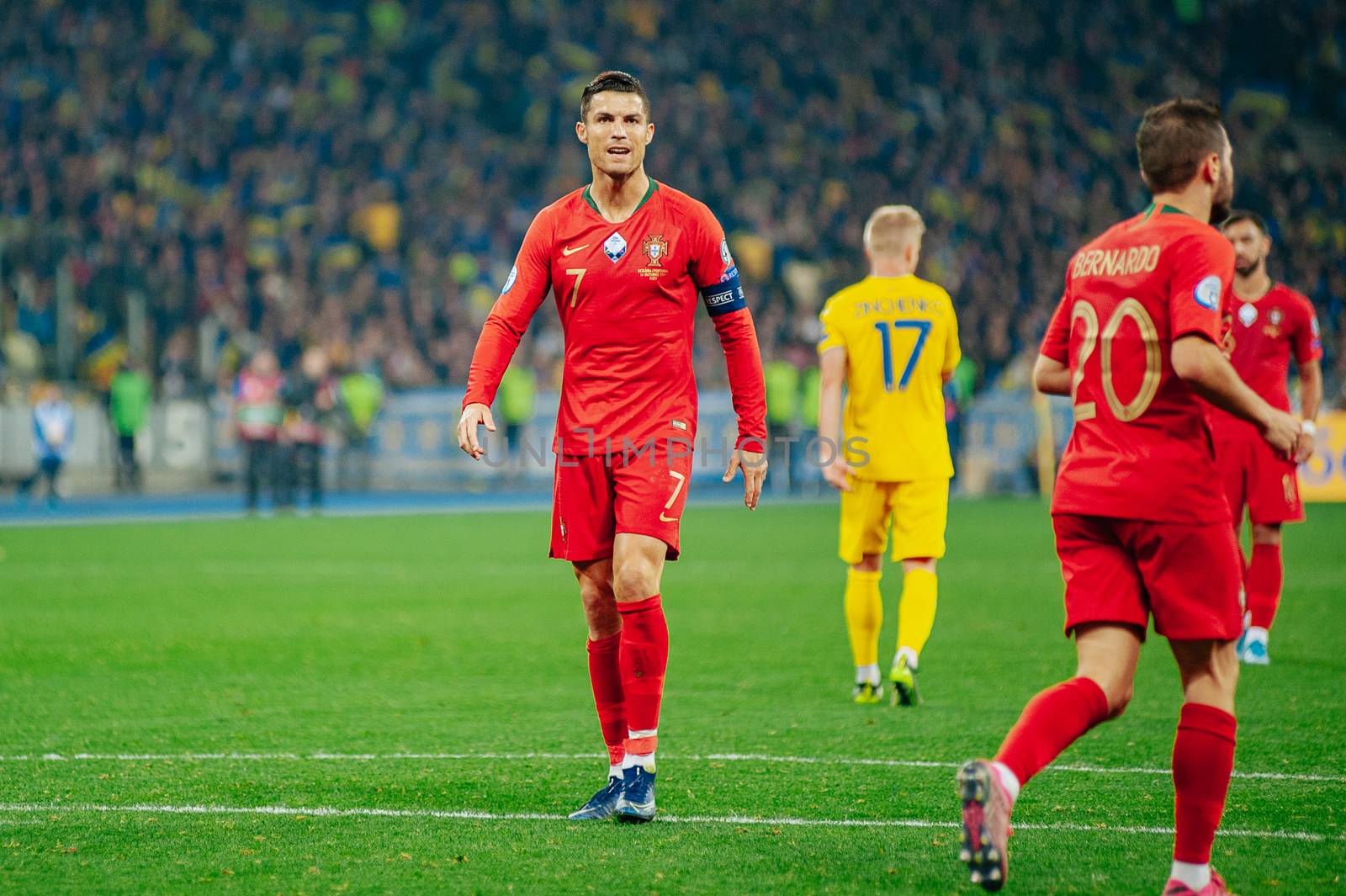 Kyiv, Ukraine - October 14, 2019: Cristiano Ronaldo, captain and forward of Portugal national team during the match of the qualifying EURO 2020 vs Ukraine at the Olympic Stadium