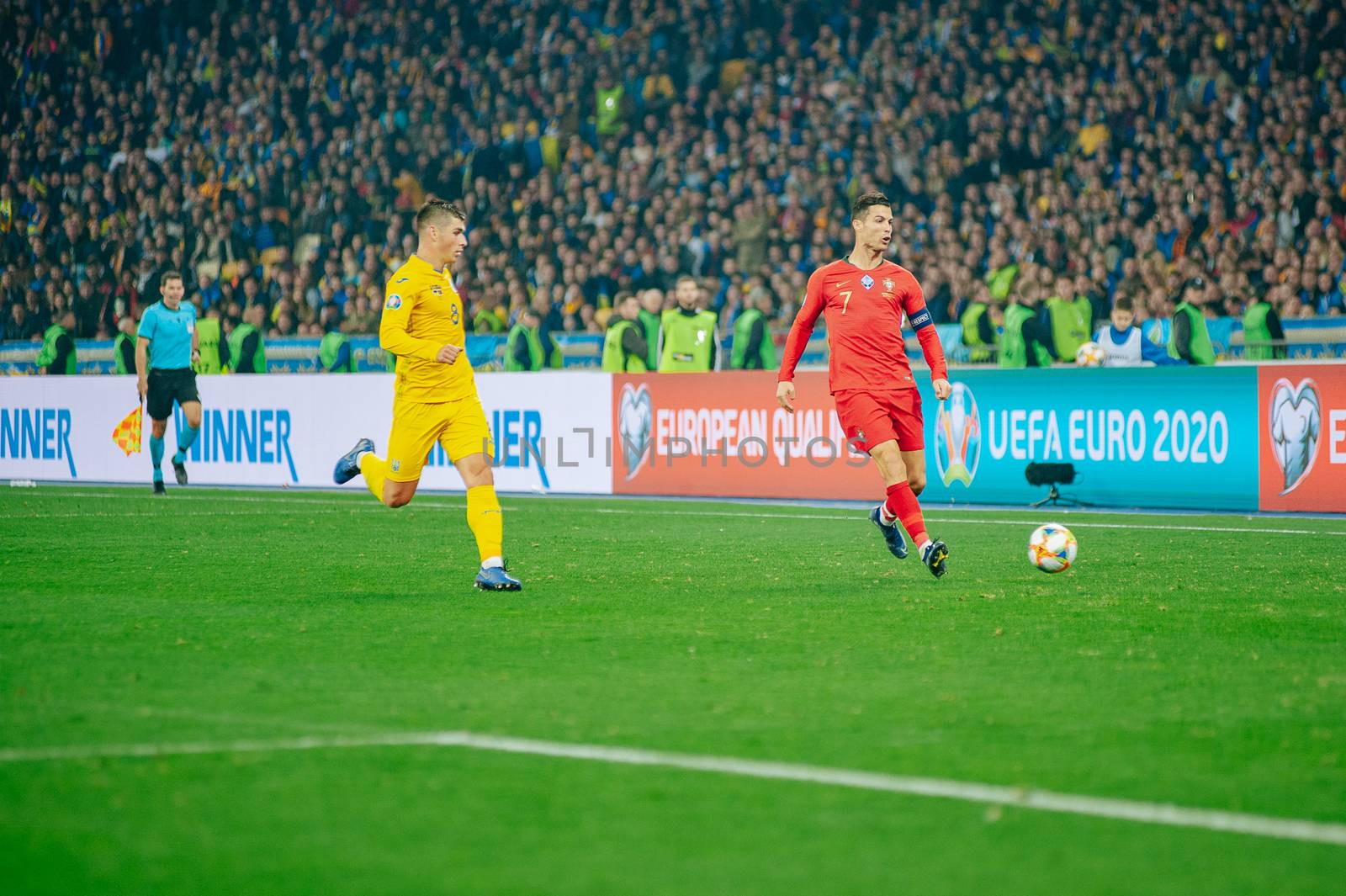 Kyiv, Ukraine - October 14, 2019: Cristiano Ronaldo, captain and forward of Portugal national team during the match of the qualifying EURO 2020 vs Ukraine at the Olympic Stadium