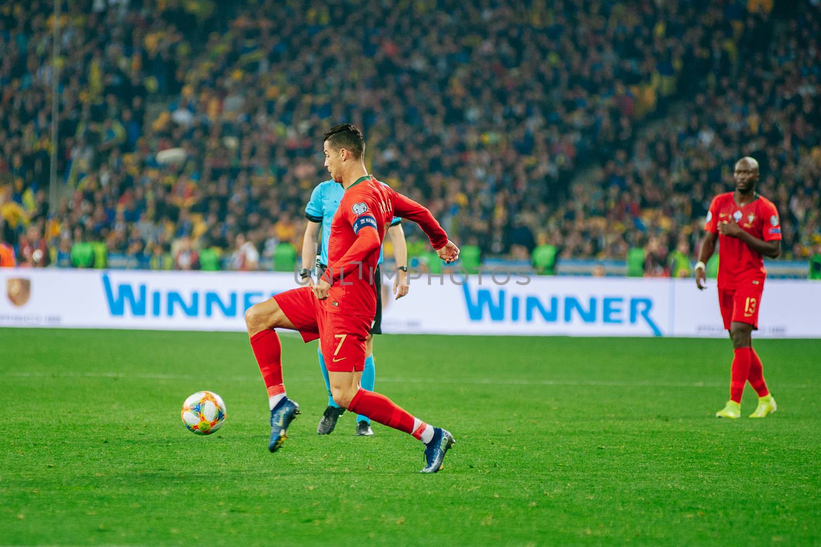 Kyiv, Ukraine - October 14, 2019: Cristiano Ronaldo, captain and forward of Portugal national team during the match of the qualifying EURO 2020 vs Ukraine at the Olympic Stadium