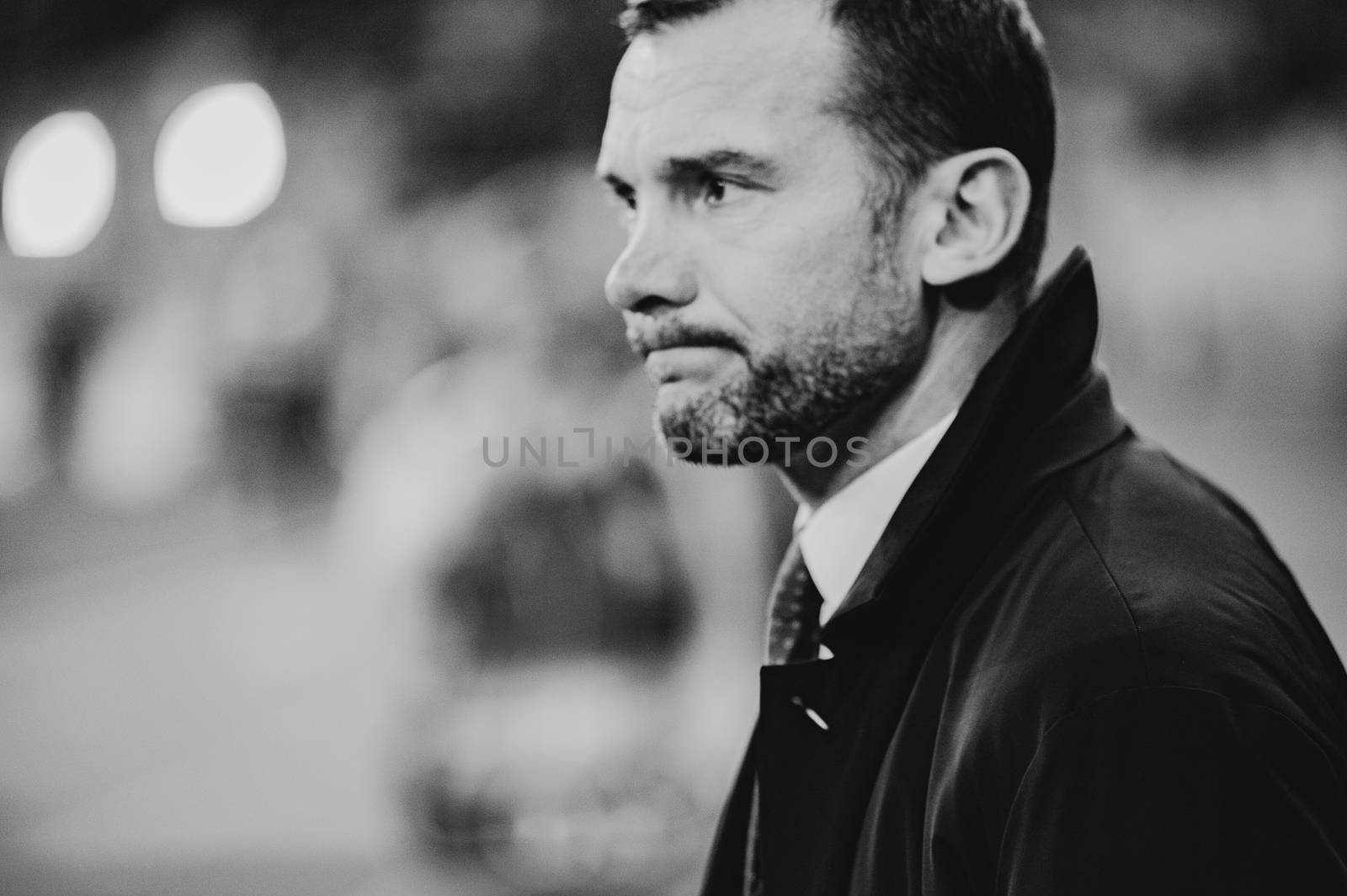 Kyiv, Ukraine - October 14, 2019: Andriy Shevchenko, head coach (manager) of Ukraine national football team before match of the qualifying EURO 2020 vs Portugal at the Olympic Stadium, Soft focus