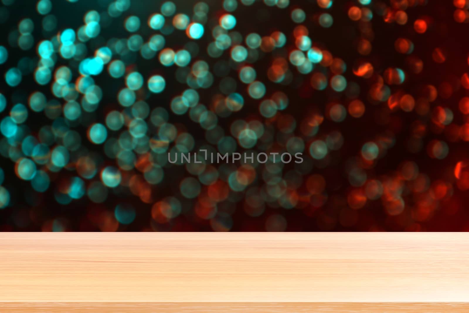 wood plank on colorful bokeh light abstract background, empty wood table floors on abstract bokeh night light multi color background, wood table board empty front colorful bokeh multi color beam light